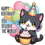 an adorable black and white kitten wearing a colorful birthday hat, holding a cupcake with a lit candle. Behind the kitten, a cluster of bright, pastel balloons adds to the festive mood. The text reads, Happy Birthday! You deserve the world!