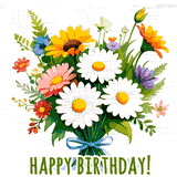 A digital bouquet of summer flowers, including daisies and sunflowers, tied with a blue bow. Below, text reads Happy Birthday!