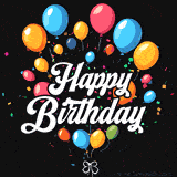 Colorful balloons and confetti on a black background, featuring elegant 'Happy Birthday' text.