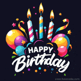 Lit candles, colorful balloons and sparkles on a dark background with Happy Birthday text.
