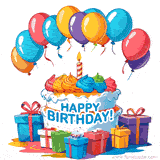 Cartoon birthday cake, gift boxes, colorful balloons and text that reads happy birthday