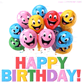 Smiling face balloons in various colors and cheerful 'HAPPY BIRTHDAY!' text.