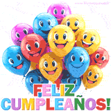 Globos acompañado de caras sonrientes de colores azul, amarillo, naranja además de rojo flotan juna bellatos. El texto 'Feliz Cumpleaños!' está escrito en letras brillantes en la parte inferior.