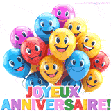 Ballons multicolores avec des visages souriants et un texte 'Joyeux Anniversaire!' en lettres colorées au bas.