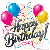Balloons and colorful confetti surrounding the elegant text 'Happy Birthday!' on a white background.