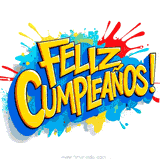 Texto en estilo cómic que dice 'Feliz Cumpleaños!' con colores amarillos y azules sobre un fondo salpicado de pintura vibrante. GIF animado y dinámico.