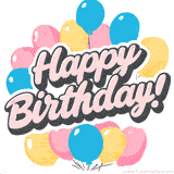 Pastel-colored balloons with soft pink 'Happy Birthday!' text in the center.