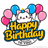 Kawaii style happy birthday sticker featuring an adorable cartoon character surrounded by colorful balloons.