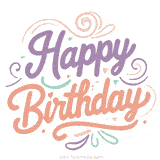 Swirled pastel lettering spelling out 'Happy Birthday' on a clean white background with gentle, elegant designs.