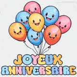 Des ballons de fête en forme de visages souriants dans des tons pastel, accompagnés du texte 'Joyeux Anniversaire!' en lettres arrondies colorées.