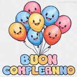 Palloncini dai colori pastello con faccine sorridenti e la scritta 'Buon compleanno!' in caratteri morbidi e gioiosi su uno sfondo chiaro.