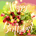 Happy Birthday Tulips Greeting video Card. Pretty Colorful Flowers and Sparkles.