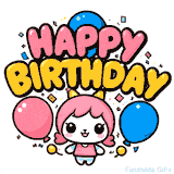 Animated birthday card featuring a lovely cartoon style. The sweet character smiles shyly, surrounded by vibrant balloons and cheerful typography on a white background.