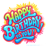 A bright and playful GIF with bubble-style lettering spelling 'Happy Birthday' surrounded by dynamic colorful patterns and sparkles.