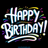 Vibrant neon-style 'HAPPY BIRTHDAY!' text with colorful fireworks on a black background.