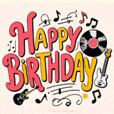 HAPPY BIRTHDAY  text surrounded by musical notes, a vinyl record, and guitars on a light background.