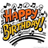 A stylized happy birthday moving GIF with music notes and graphic swirls. The playful, bold typography is orange and yellow against a white background.