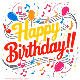 A cheerful animated GIF featuring colorful musical notes, balloons, and the phrase 'Happy Birthday' in a lively design.