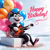 A funny smiling cartoon cat is playing a guitar, colorful balloons and the words Happy Birthday.