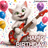 A whimsical cartoon cat playing a shiny red electric guitar surrounded by floating balloons and multicolor confetti. The words say Happy Birthday.