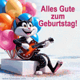 Ein humorvolles Geburtstags-KurzVideo mit einer Katze, die eine Gitarre spielt, vor einem Hintergrund aus bunten Ballons und dem Text 'Alles Gute zum Geburtstag!'