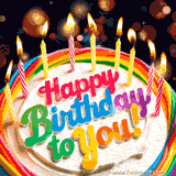 Original GIF featuring a rainbow-decorated birthday cake with lit candles and vibrant 'Happy Birthday to You!' text.