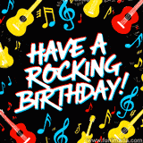 Graffiti-style text 'Have a rocking birthday' and a frame with colorful musical notes, guitars, treble clefs.