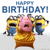 Singing Minions and a dancing pig wearing a gold outfit. The words say Happy Birthday.