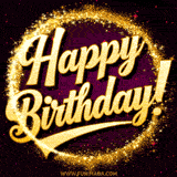 A celebratory animated image with glittering gold 'Happy Birthday' text, on a dark purple background. The text has a curved banner underneath, and a ring of golden sparkles surrounding it.