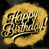 GIF with ornate golden text 'Happy Birthday' in cursive script, surrounded by sprinkling of gold glitter.
