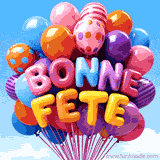 Ballons gonflables dans des tons vifs formant les mots 'Bonne Fête' sur un ciel bleu clair.