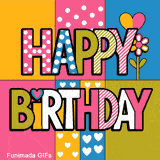 A bright and energetic Birthday GIF. The patterned typography and the grid layout offer a unique and cheerful greeting to celebrate someone special.