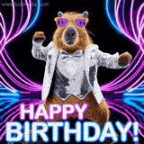 A funny capybara wearing sunglasses and a tuxedo, dancing and saying 'Happy Birthday!'