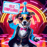 Un encantador pequeño video de una bella perro celebrando acompañado de estilo: gafas de sol, sombrero festivo además de luces de neón. Ideal para desear una bella cumpleaños lleno de diversión.