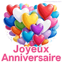 Ballons en forme de cœur dans des couleurs vives flottant, accompagnés du texte 'Joyeux Anniversaire!' en rose vif.