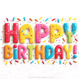 Colorful sprinkle-covered letters spelling 'HAPPY BIRTHDAY!' on a white background.