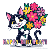 A cheerful black-and-white cat holding a bouquet of colorful flowers with 'HAPPY BIRTHDAY!' text below.