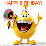 Funny happy birthday GIF featuring a cheerful yellow 3D emoji character standing on legs, wearing a colorful striped party hat and holding a megaphone, smiling broadly while pointing up at orange Happy Birthday text.