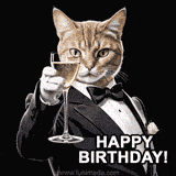 A sophisticated cat in a tuxedo holding a champagne glass with 'HAPPY BIRTHDAY!' text.