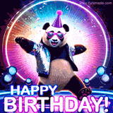 A giant panda dancing energetically on a glossy, neon-lit stage and the text Happy Birthday.