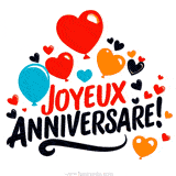 Des cœurs rouges, bleus, orange et noirs, ainsi que des ballons colorés entourent le texte 'Joyeux Anniversaire!' écrit en noir et rouge sur fond blanc.