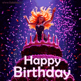 A woman with fiery red hair, dancing joyfully atop a giant birthday cake. The text at the bottom says Happy Birthday.