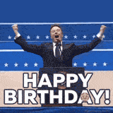 Elon Musk raising his arms in celebration with 'Happy Birthday' text overlay