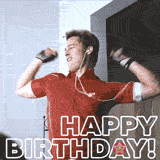 Funny Brad Pitt birthday GIF featuring him dancing in a red sports outfit with headphones, celebrating in a cheerful way with 'Happy Birthday!' text overlay. This GIF is taken from a scene in the movie Burn After Reading.