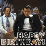 Energetic Happy Birthday funny Meme GIF featuring Leonardo DiCaprio's famous dance scene from The Wolf of Wall Street, dressed in a tux.