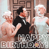 Funny happy birthday GIF animation, a retro Hollywood-style birthday celebration turns hilarious when a woman unexpectedly gets a cake to the face, leaving everyone shocked.
