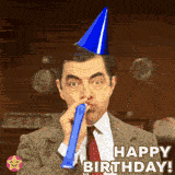 Mr. Bean wearing a blue party hat and blowing a party horn, with a humorous expression and 'Happy Birthday!' meme text.