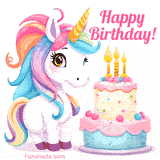 An adorable animated unicorn with a vibrant rainbow mane stands happily beside a pink and blue birthday cake topped with candles. 'Happy Birthday!' text is displayed.