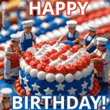 Lively Happy Birthday Video featuring a cake decorated in red, white, and blue, resembling the U.S. flag, with tiny chefs adding final touches.