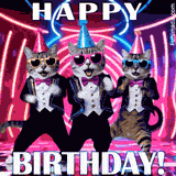 Three party-loving cats dressed in suits, bow ties, and flashy sunglasses dance with energy in a neon-lit club scene, making birthdays extra festive and fun.